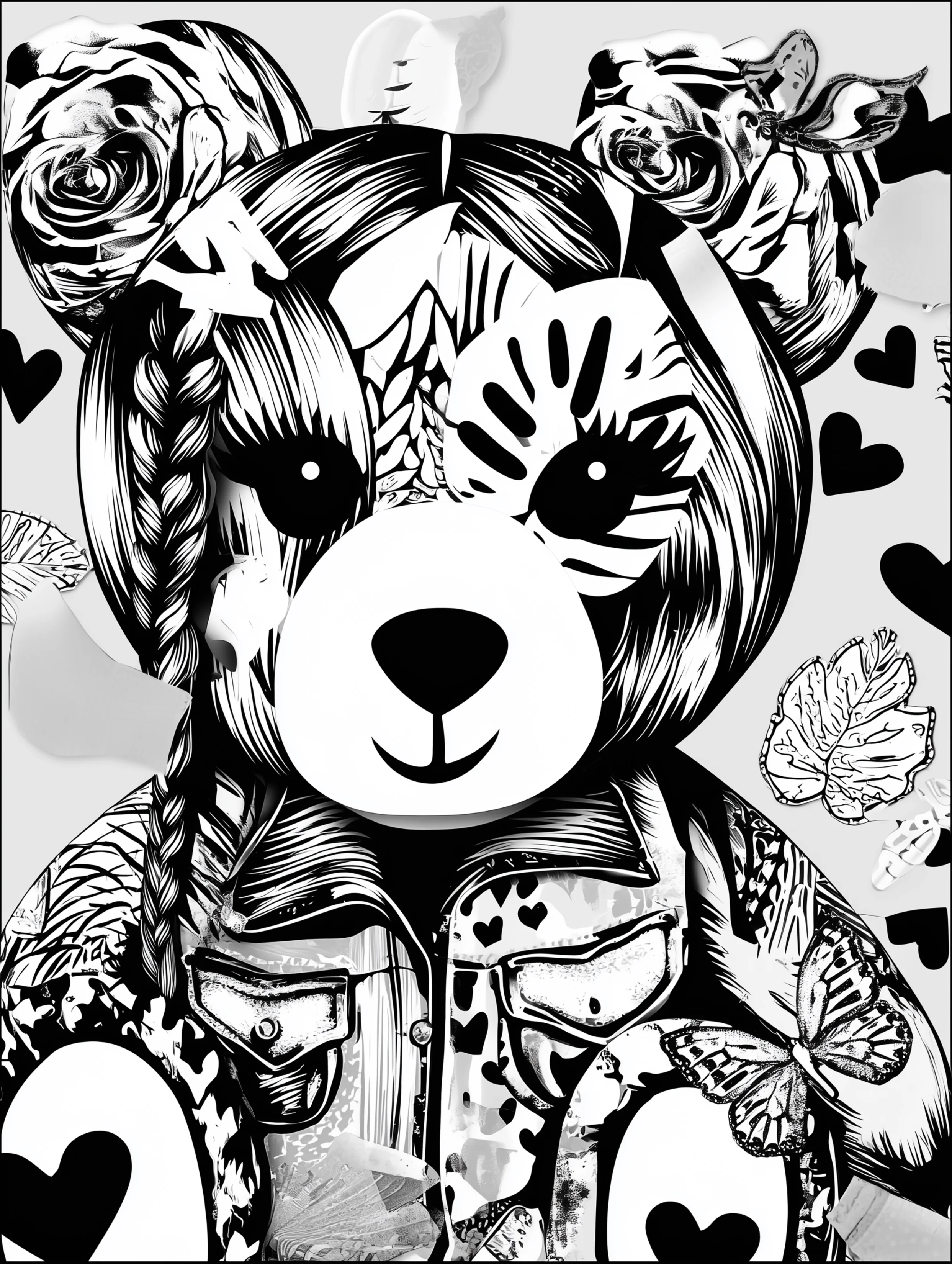 Free printable bear coloring book page featuring a braided bear wearing a jean jacket